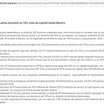 El mercado de transacciones de Amrica Latina moviliz un 16% ms de capital hasta febrero